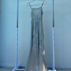 SCALA 100% Silk Stone Grey & White Floral Beaded Whimsy Gown Size Medium